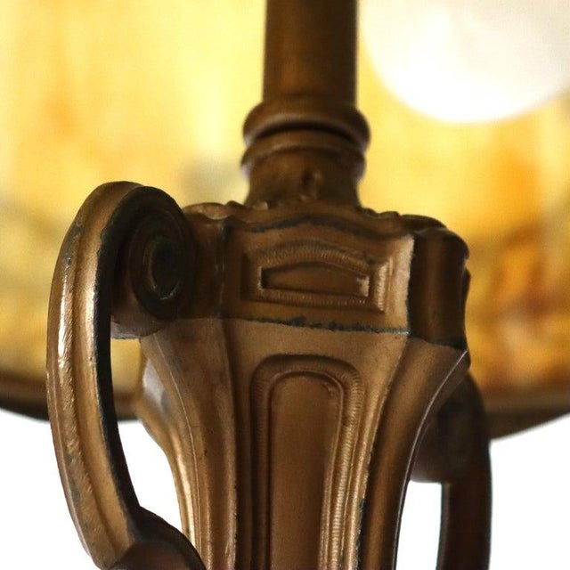 1920s Antique Bradley & Hubbard School Arts & Crafts 6-Panel Slag Glass Lamp C1920 For Sale - Image 5 of 6