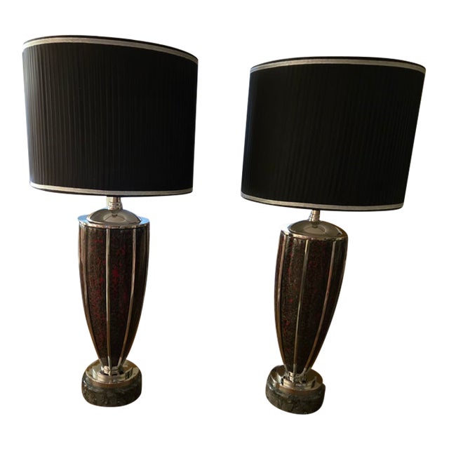 Vintage Mid-Century Modern Lawrin Red Volcanic & Chrome Table Lamps - Pair For Sale