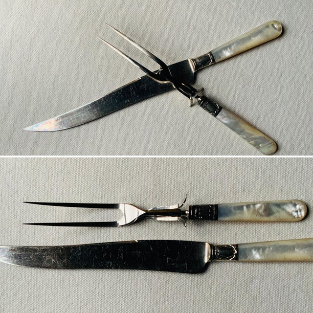 ….Three-Piece Heirloom Carving Set — Knife, Fork & Sharpener — American Belle Époque, c. 1900 Pulled from an old family...