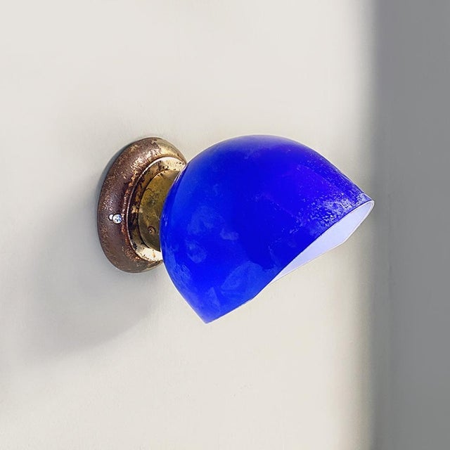 Italian Blue and White Glass & Sheet Metal Wall Light, 1930s, Set of 3 For Sale - Image 9 of 15