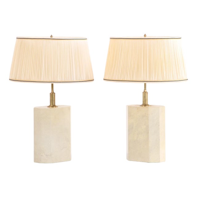 A Pair of Six Sided Brass and Parchment Covered Table Lamps, C. 1960, in the Manner of Samuel Marx. For Sale