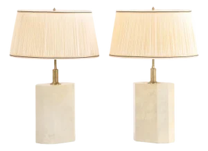 A Pair of Six Sided Brass and Parchment Covered Table Lamps, C. 1960, in the Manner of Samuel Marx.