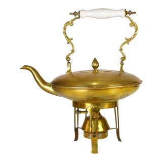 Antique Victorian Brass Tea Kettle With Burner Set With Ceramic Handle For Sale