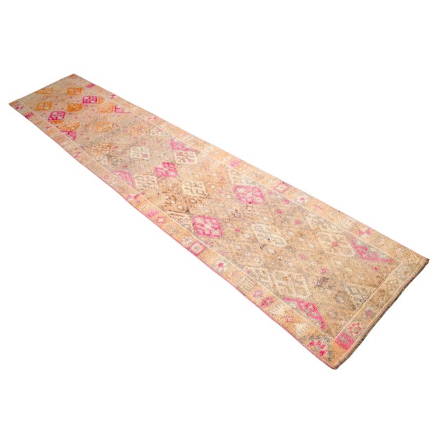 1960s Hand-Knotted Turkish Kurdish Runner Rug . Tribal Low Pile Faded Runner Rug 2′9″ × 13′11″ For Sale - Image 5 of 11