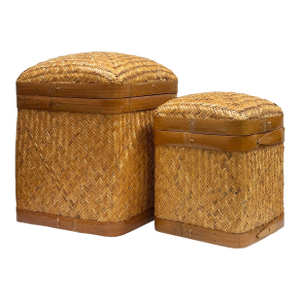 Vintage Lidded Woven Wicker Nesting Baskets, a Pair