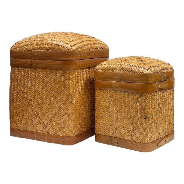 Vintage Lidded Woven Wicker Nesting Baskets, Pair For Sale