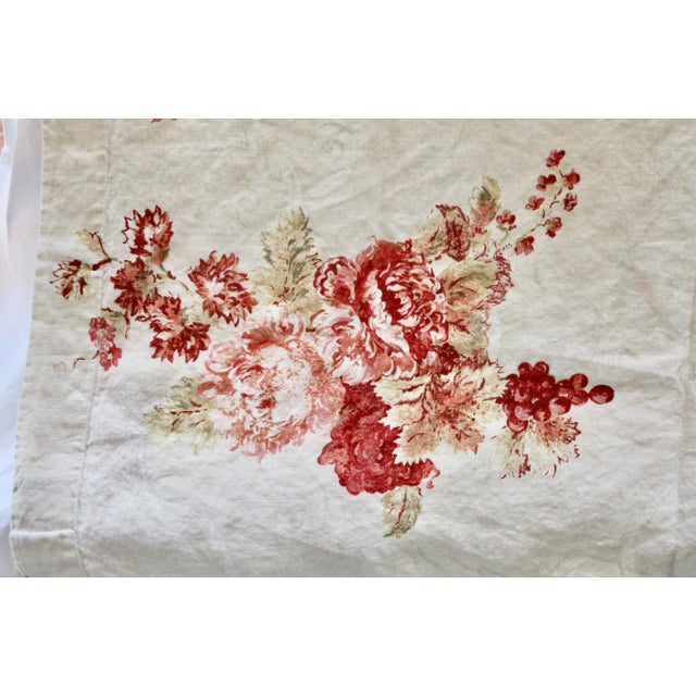 Traditional Belgian Linen Hand Printed Red Florals 2 Panels - (48" W X 80" L Per Panel) For Sale - Image 3 of 4