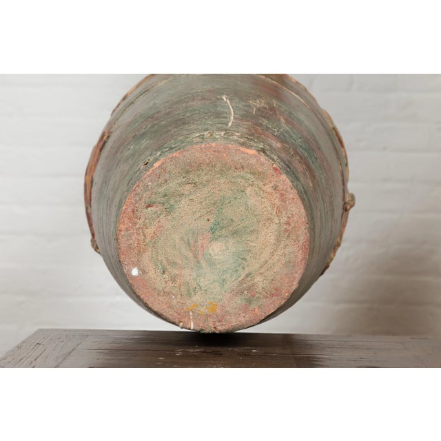 Mid 20th Century Vintage Thai Garden Vase with Vine Leaves Motifs, Orange and Green Tones For Sale - Image 5 of 13