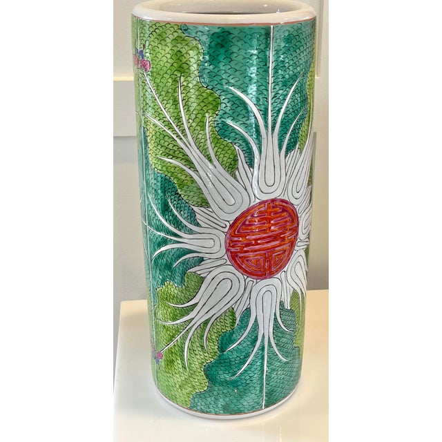Chinoiserie Bok Choy “Shou” Longevity Pattern Handpainted Porcelain Umbrella Stand For Sale - Image 3 of 12