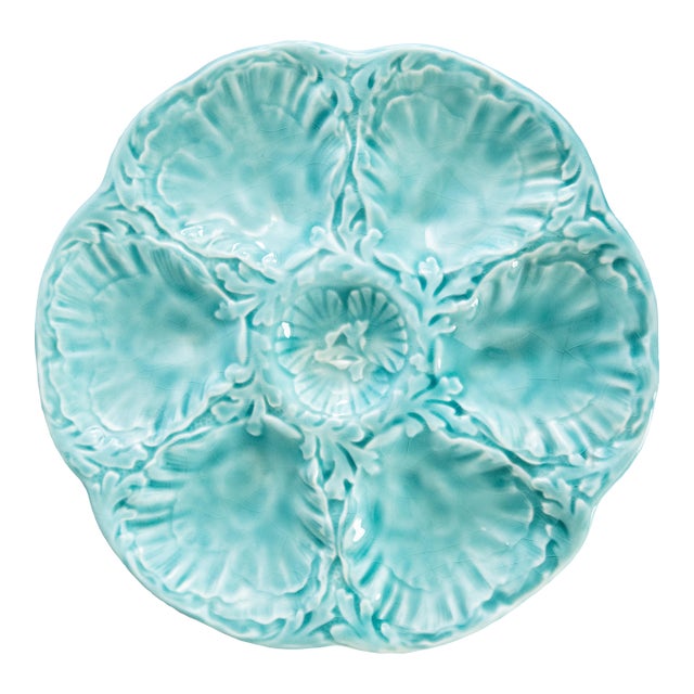 Vintage French Gien Turquoise Majolica Oyster Plate For Sale