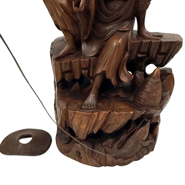 Mid-20th Century Chinese Wooden Carved Jiang Taigong Fishing Statue For Sale - Image 10 of 13