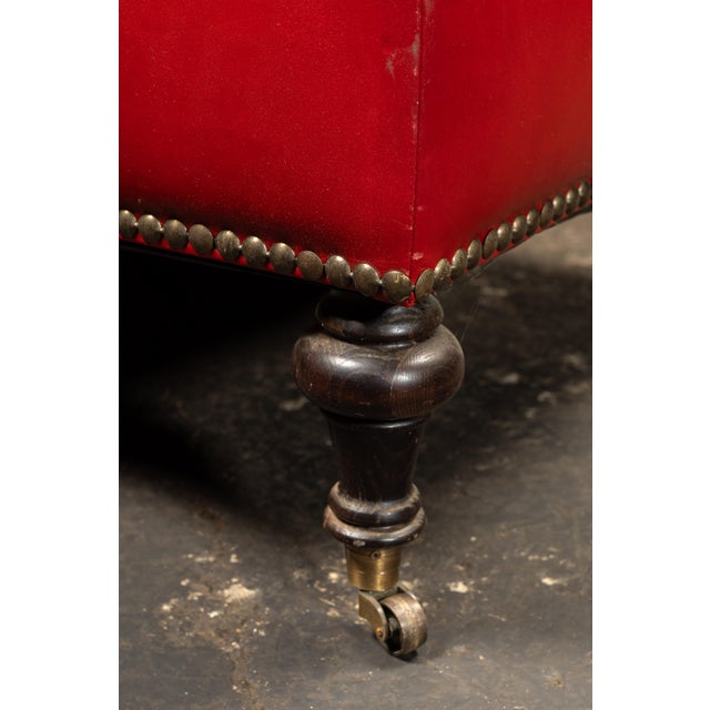 Vintage Tufted Leather Rolling Ottoman Trunk in Red For Sale - Image 9 of 10