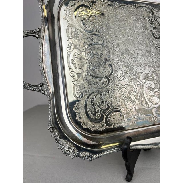 Vintage English Ornate Engraved Metal Twin Handle Tray For Sale - Image 4 of 18