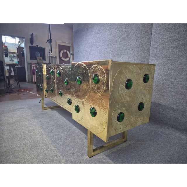 Wood Italian Brass and Black Glass Sideboard with 24 Green Murano Glass Jewels from Justfurnituress SRL For Sale - Image 7 of 11