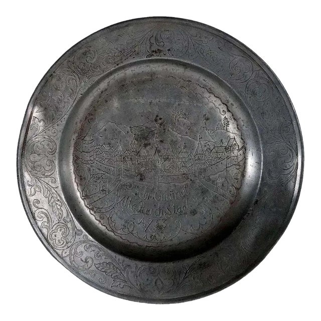German Pewter Wrigglework and Engraved Reeded Schwabisch Gmund City Plate For Sale