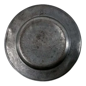 German Pewter Wrigglework and Engraved Reeded Schwabisch Gmund City Plate