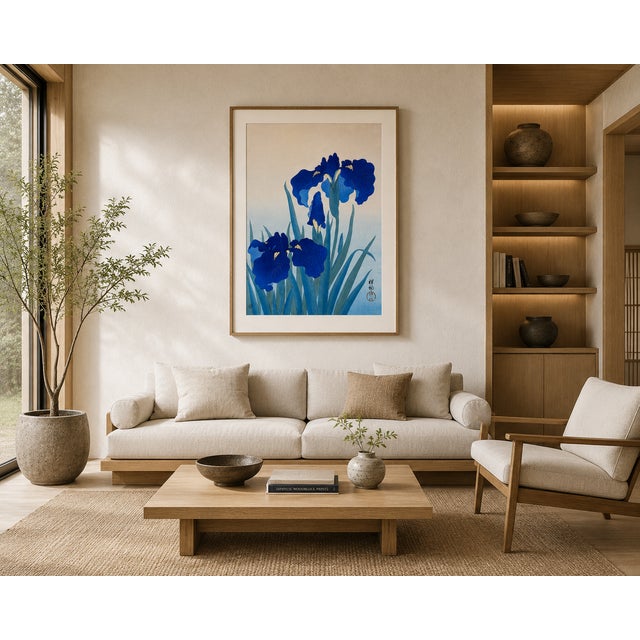 Blue Blue Iris Flowers by Ohara Koson, Japanese Woodblock Print, 16" X 24" For Sale - Image 8 of 11