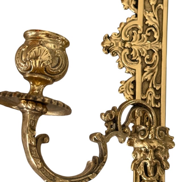 Metal Antique French Baroque Revival Brass Wall Mirror With Candle Sconces c.1900-10 For Sale - Image 7 of 10