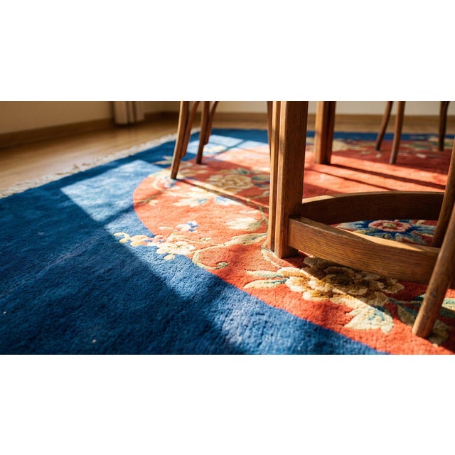 Luxurious and Rich Red and Blue Color Antique 1920s Minimalist Floral Pattern Chinese Art Deco Carpet For Sale - Image 12 of 12