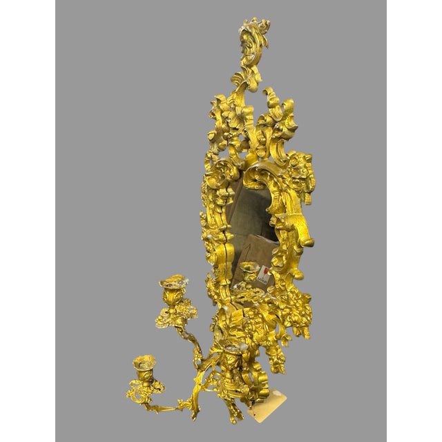 Antique Rococo Revival Gilt Cast Metal Mirrored Wall Sconce Candelabra 28.5” For Sale - Image 6 of 12