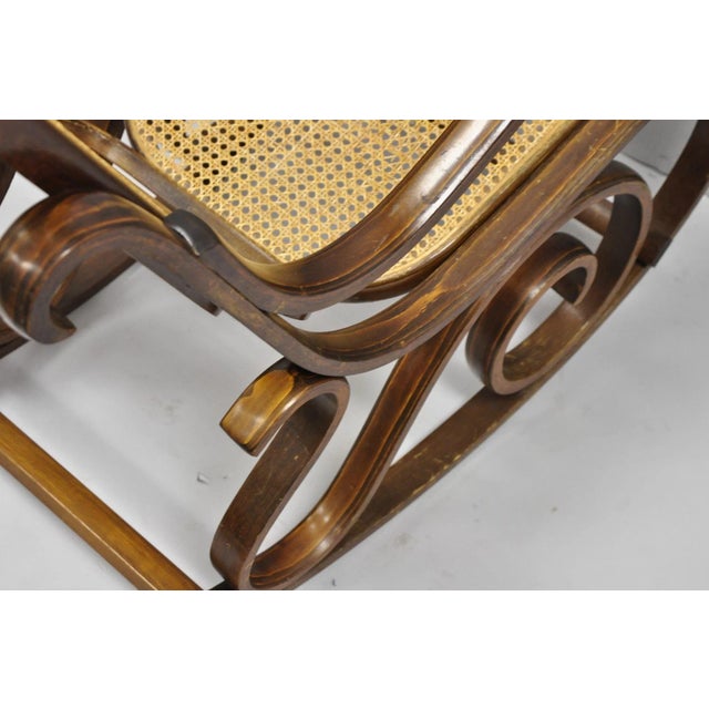 Brown Vintage Mid Century Modern Thonet Style Bentwood & Cane Rocker Rocking Chair (C) For Sale - Image 8 of 18