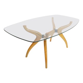 Sculptural Mid-Century Modern Glass-Top Dining Table with Curved Wood Base For Sale