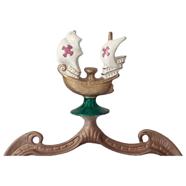 Whimsical Art Deco Painted Cast Iron Standing Ashtray With Stylized Sailing Ship Finial For Sale - Image 4 of 13
