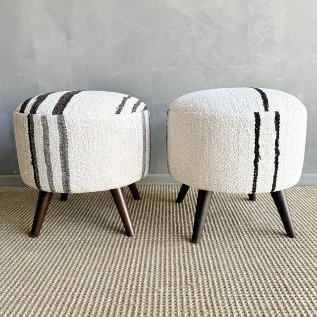 Mid-Century Modern Pair of Striped Off-white, Black Ottomans Made From Vintage Turkish Rugs For Sale - Image 3 of 9