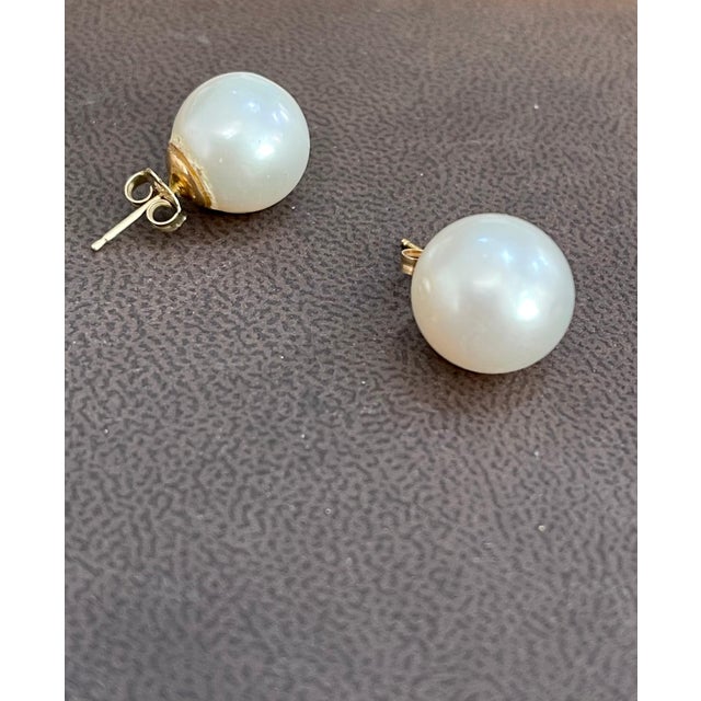 Metal 13 MM White South Sea Pearl Stud Earrings 14 Karat Yellow Gold For Sale - Image 7 of 8