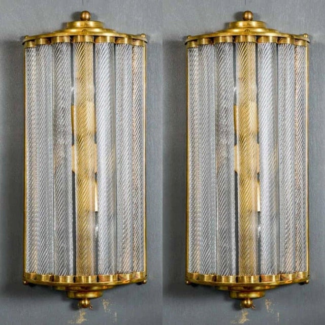 Pair Vintage Art deco light Old Lamp Wall Sconces Fixture Brass & Ribbed Glass Rod Ship Light Excellent Working Condition...
