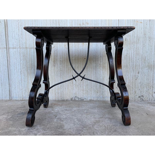Late 19th Century 19th Century Spanish Side Table With Hand Carved Lyre Leg and Iron Stretcher For Sale - Image 5 of 9