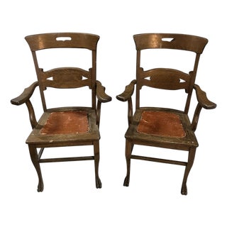 Pair of Vintage Leather Seated Wooden Chairs For Sale