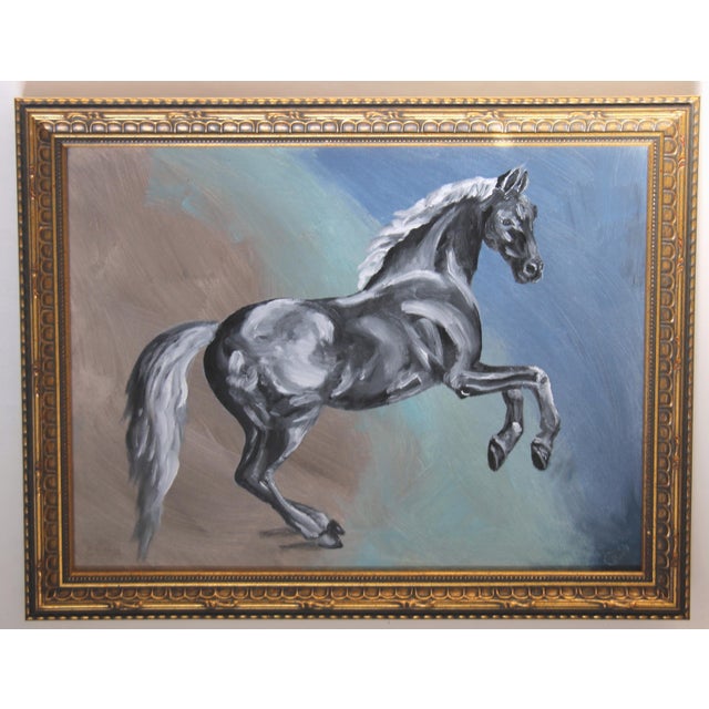 An elegant white and black horse with shades of gray over an Abstract landscape in blues and beige. Minimalism,...