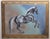 An elegant white and black horse with shades of gray over an Abstract landscape in blues and beige. Minimalism,...