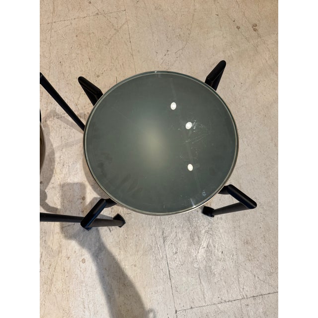 Iconic pair of “Hemisphere” side tables designed by J. Wade Beam, featuring sculptural bowl-form bases in a warm brushed...