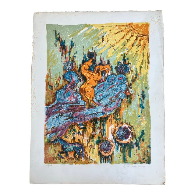 1980’s Original Abstract Bucking Horse Colorful Surreal Lithograph Print Signed & Numbered For Sale