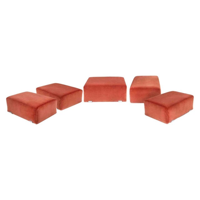 Italian Velvet Ottomans in Red Upholstery, 1970s, Set of 5 For Sale - Image 9 of 9