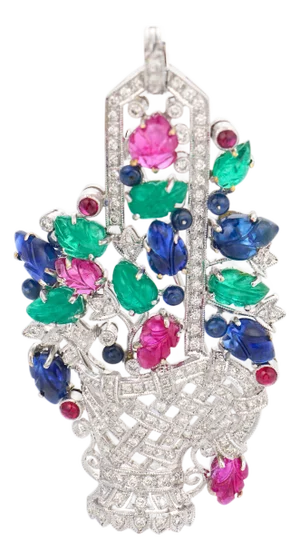 1980s Tutti Frutti Emerald Ruby Sapphire Diamond 18k White Gold Brooch Pendant