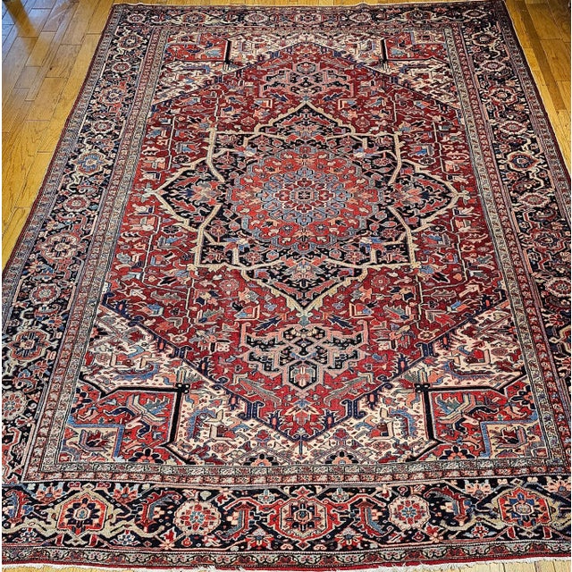 Vintage Oversize Persian Heriz Serapi Rug, Hand-Knotted Geometric Pattern, Red & Blue, 11’ X 15’ For Sale - Image 4 of 12