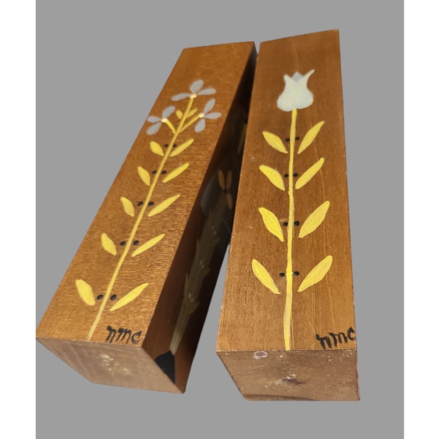 Vintage Pair of Hand Painted Wood Pennsylvania Dutch Figural Floral Candlesticks For Sale - Image 6 of 9