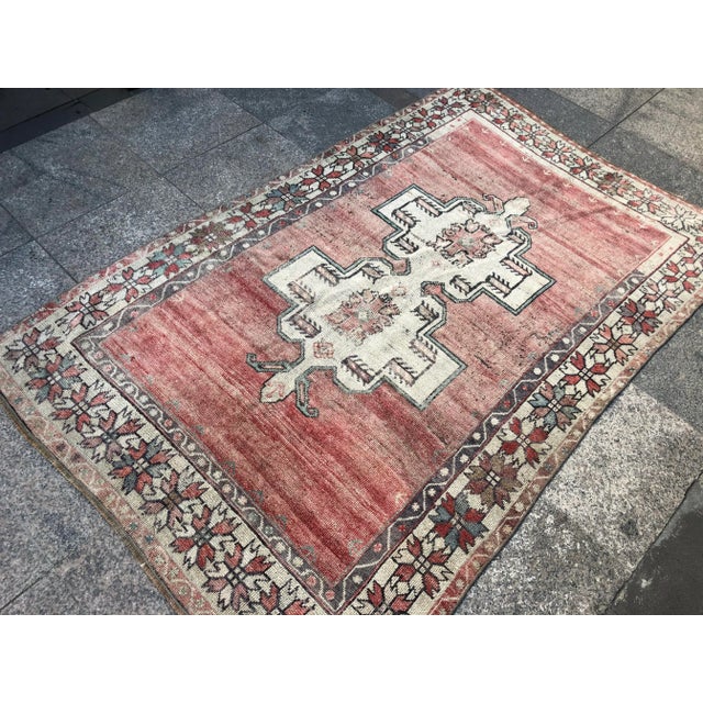 Textile 1960s Vintage Tribal Handmade Turkish Faded Rug- 3′8″ × 5′10″ For Sale - Image 7 of 11