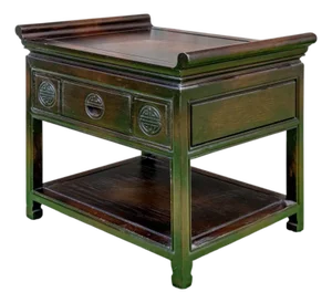 Vintage Chinese Altar Style Rosewood Finish End Table With Shou Emblems
