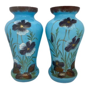 Late 19th Century Victorian Bristol Opaline Blue Glass Hand Painted Vases With Floral Design - a Pair