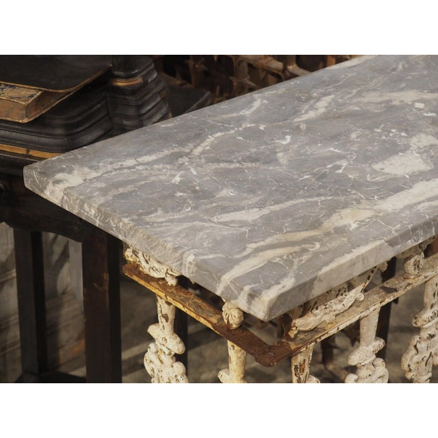 Metal Antique Belgian Painted Iron Balcony Console Table With Marble Top, Circa 1900 For Sale - Image 7 of 17