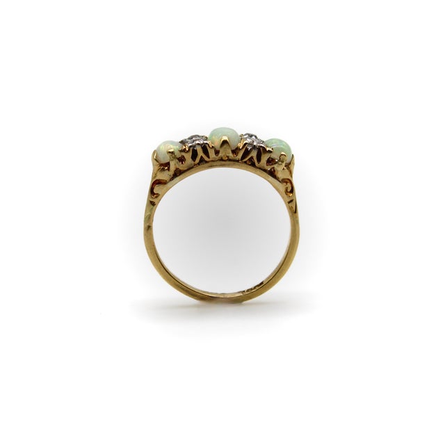 Metal 1900-1909 Edwardian 18k Gold Opal and Diamond Three-Stone Ring, Size 7 For Sale - Image 7 of 10