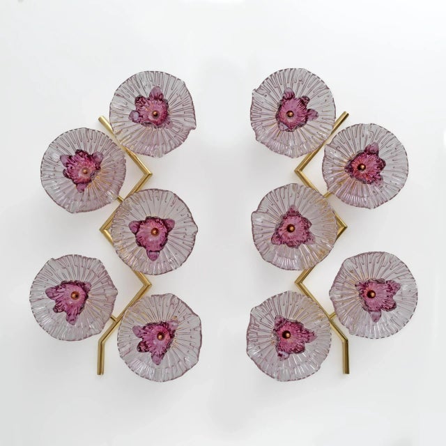 Modern Italian Murano Glass and Brass Flowers Wall Lamps, 1990, Set of 2 For Sale - Image 9 of 9
