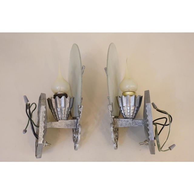 Rare Matched Pair French Art Deco Tropic Palm Aluminum Glass Wall Sconce Lamps 1920's For Sale - Image 10 of 13