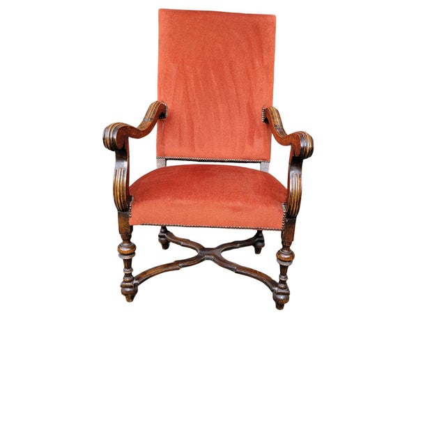 A Large French Fauteuil Open Armchair made of Beach-wood with molded scrolled arms and arm posts with turned stretchers...