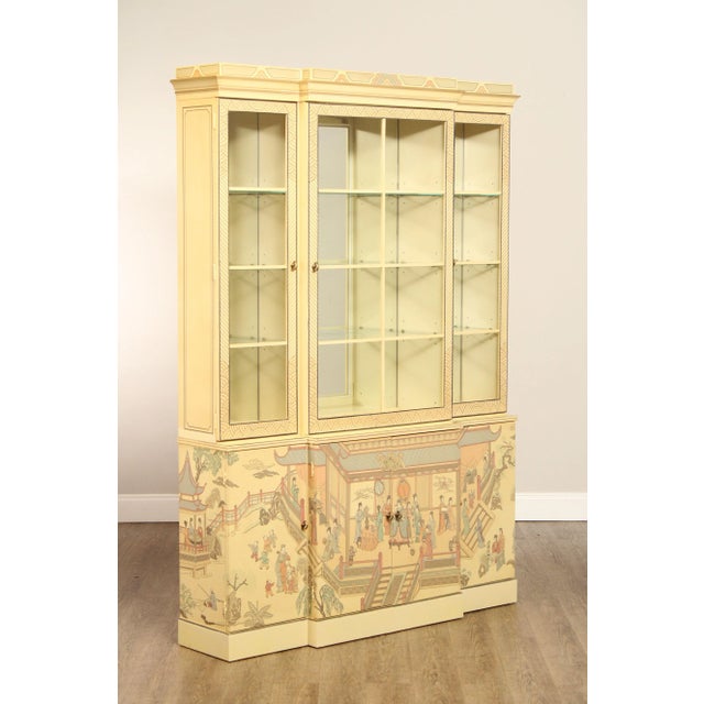 High Quality American Made Vintage Chinoiserie Decorated Yellow Lacquer Breakfront Bookcase with Three Glazed Doors...
