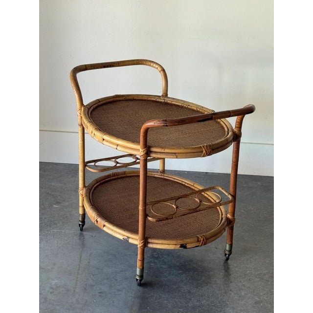 1960s Italian Bamboo Rattan Bar Cart For Sale - Image 4 of 4